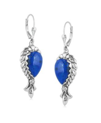 Sterling Denim Lapis Pear Gemstone Squash Blossom Lever Back Earrings