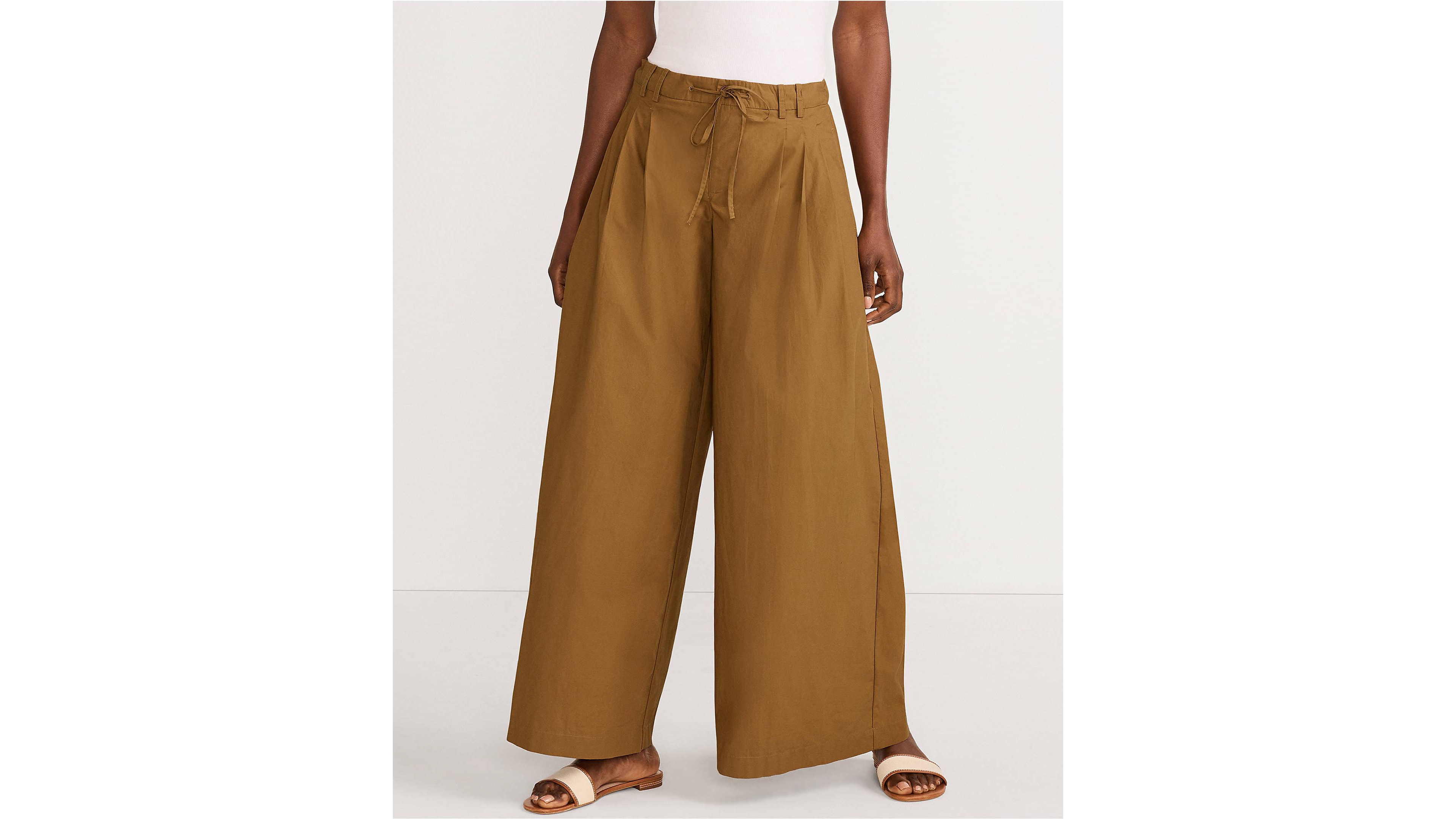 Lands' End Women's Poplin Mid Rise Pleated Slouchy Pants
