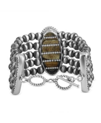 Sterling Silver Oval Picture Jasper Oval Cut Beaded Toggle Bracelet, Size, Size Small