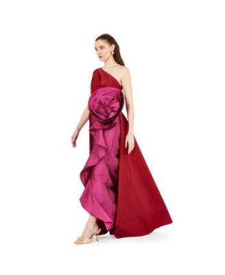 Women's One Shoulder Dress With Cascading Ruffle Flower Detail