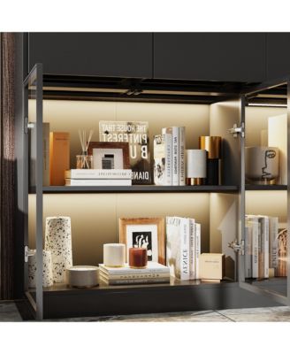 Bookshelf/Pantry with Glass Door and LED Lights for Living Room/Kitchen
