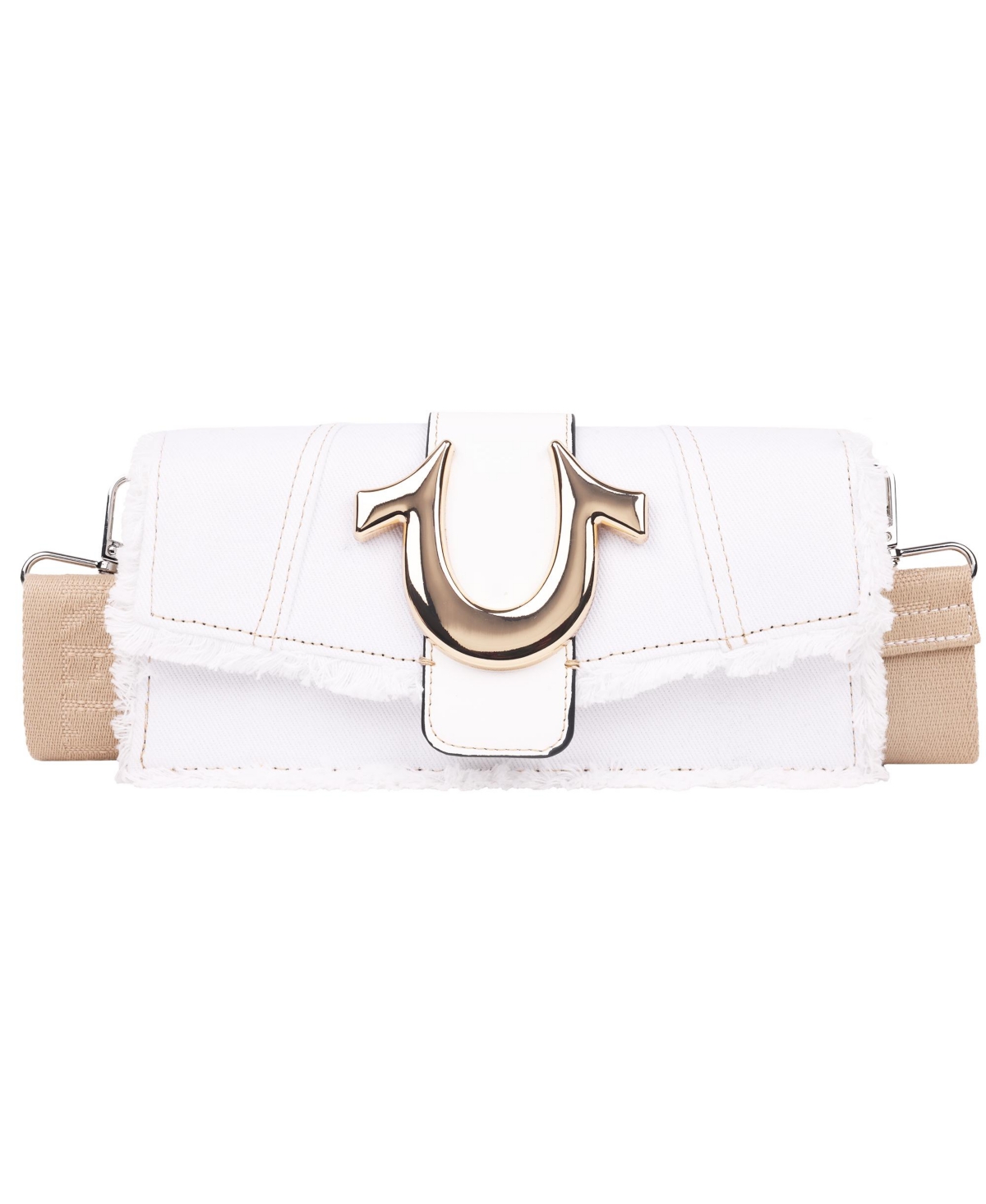 Frayed Denim Flap Bag with Logo Strap - White