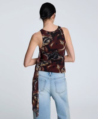 Women's Printed Gathered Draped Sleeveless Top