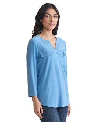 Women's Solid 3/4-Sleeve Flap-Pocket Knit Top