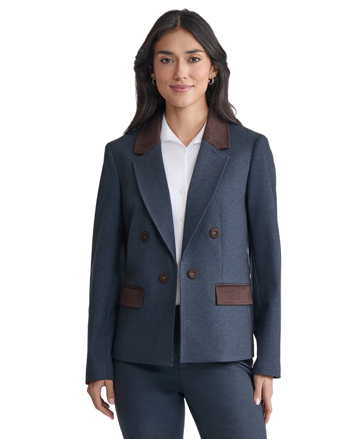 Women's Faux-Double-Breast Two-Tone Blazer - Pacific Navy Multi