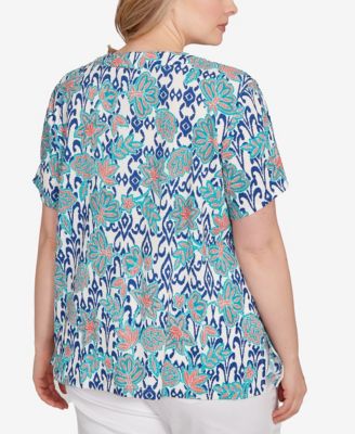 Plus Size Floral Overlay Ikat Embroidered Top