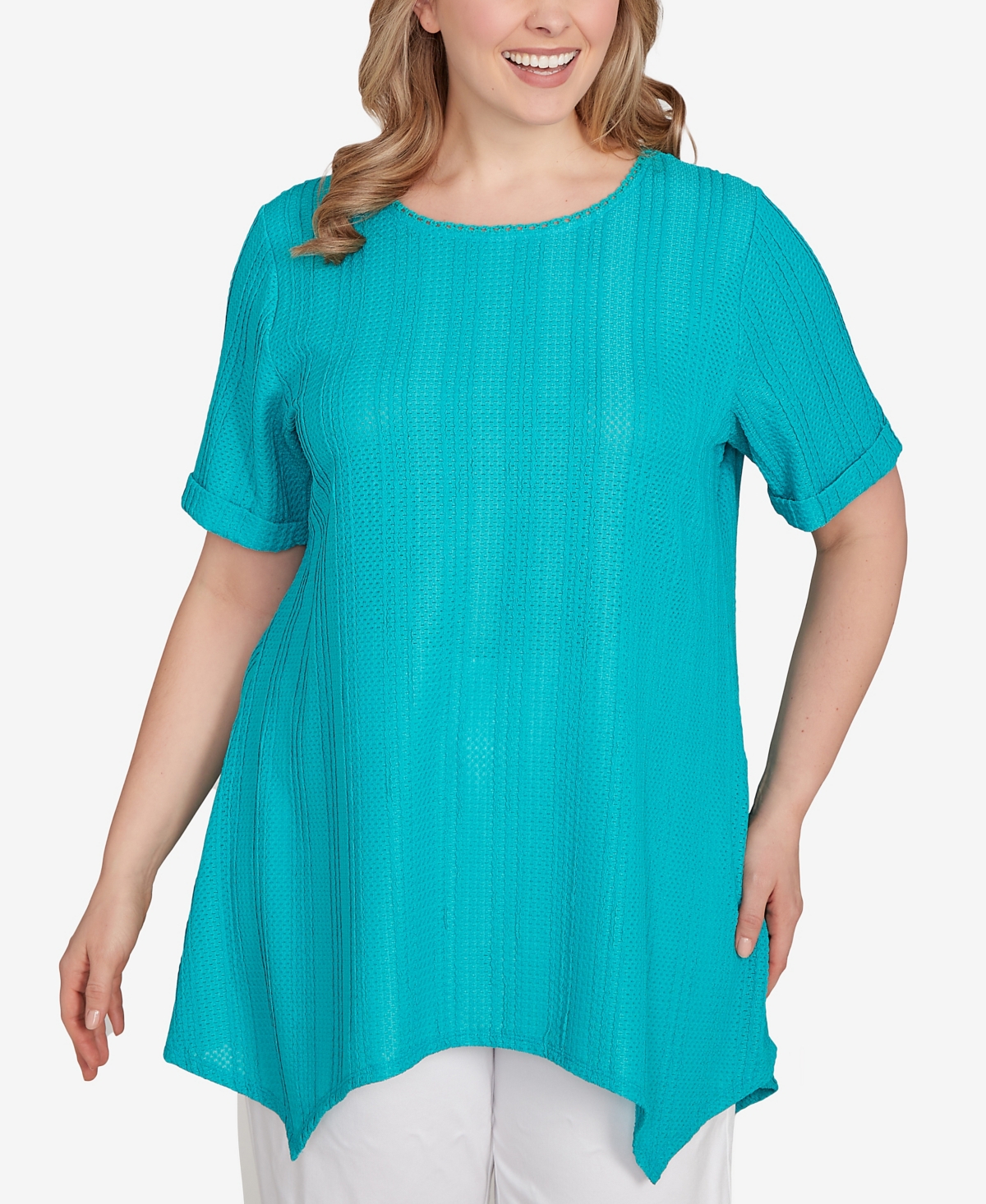 Plus Size Solid Crinkle Knit Top - Turquoise