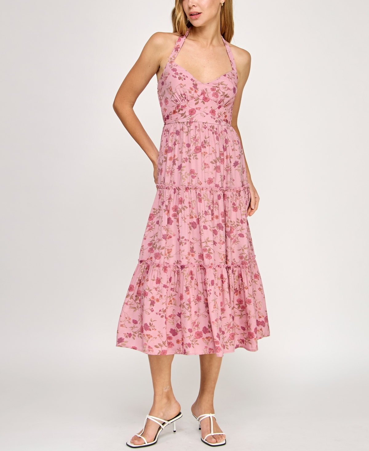 Juniors' Printed Sleeveless Halter Midi Dress - Mauve floral