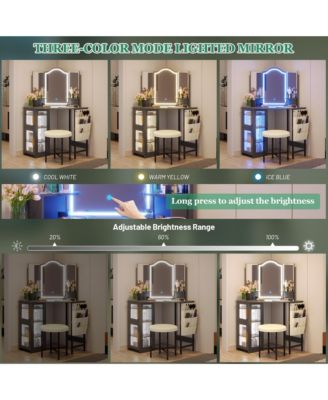 Tri-color Light Corner Vanity Desk with Mirror