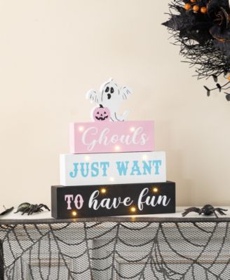 11.75" Halloween Lighted Pink Wooden Ghost Block Word Sign
