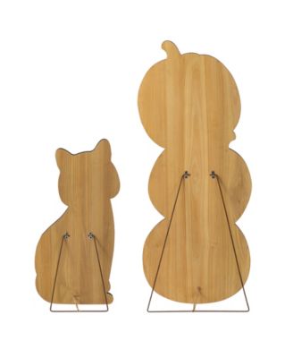 Halloween Wooden Skeleton Cat and Stacked Pumpkin Porch Decor, Set of 2