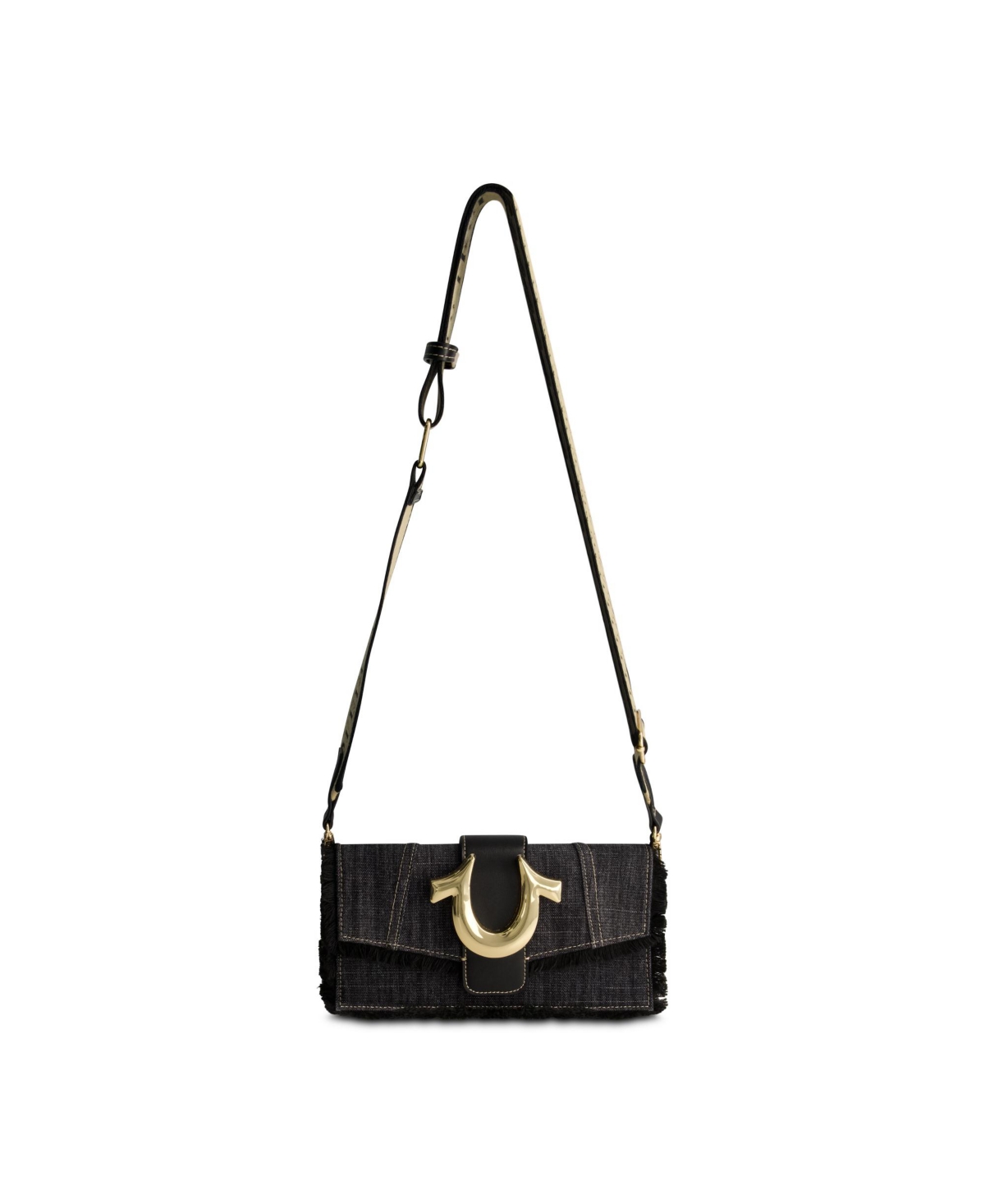 Frayed Denim Flap Bag with Logo Strap - Black