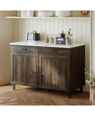 Wooden Storage Cabinet with Marble Pattern, Two Doors, Two Drawers and Pantry Function