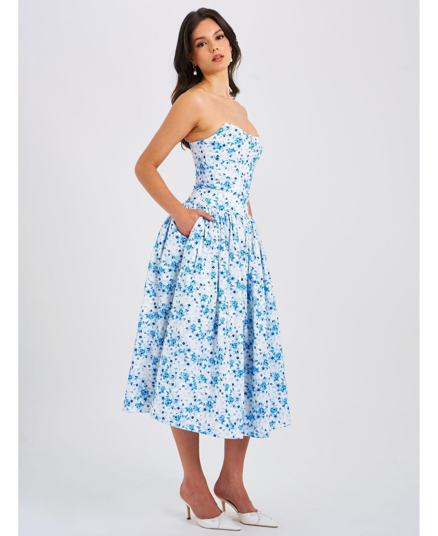 Женское платье Miss Circle Paloma Blue Print Linen Corset Draping Top Midi, цвет: Синий с принтом — фото 6