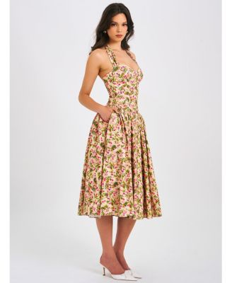 Women Niya Floral Print Linen Halter Corset Maxi Dress