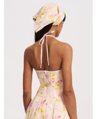 Women's Zaina Yellow Pink Floral Print Lace Trim Linen Midi Dress