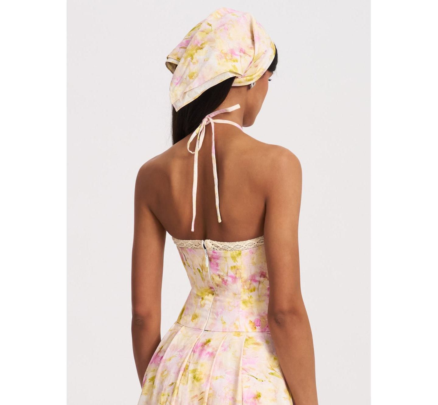 Женское платье Miss Circle Zaina Yellow Pink Floral Print Lace Trim Linen Midi, цвет: Розовый с принтом — фото 7