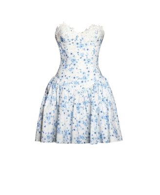 Women's Taleah Blue Floral Print Linen Mini Dress with Lace Trim