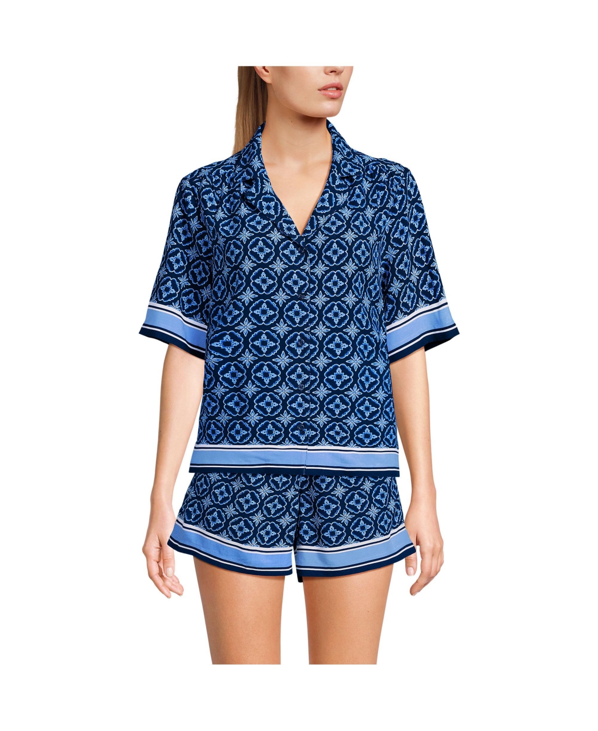 Women's Rayon Short Sleeve Camp Shirt - Ivory/green island border