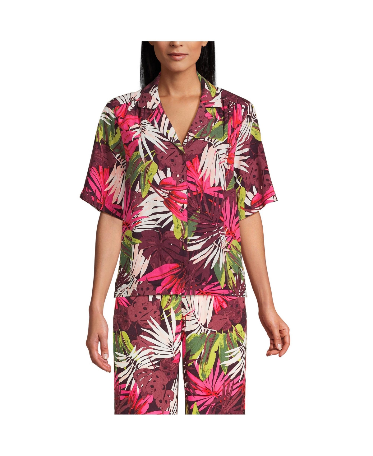 Women's Rayon Short Sleeve Camp Shirt - Ivory/green island border