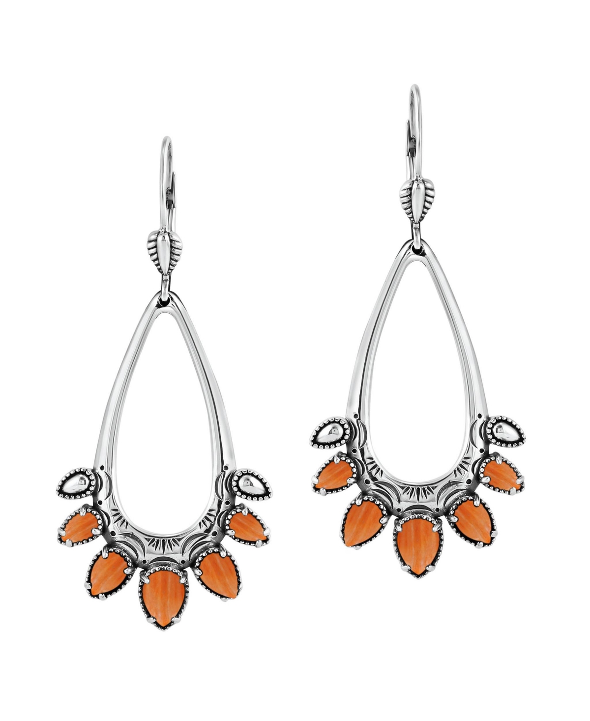 Sterling Silver Orange Spiny Oyster Open Pear Gemstone Lever Back Earrings