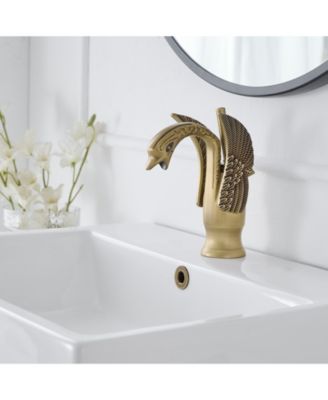 Swan Single Hole Single-Handle Bathroom Faucet And Pop Up Drain &amp; Overflow Cover in Antique Brass