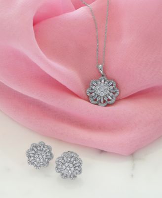Diamond Round Baguette Floral Pendant Necklace Matching Stud Earrings Collection In 14k White Gold Exclusively At Macys