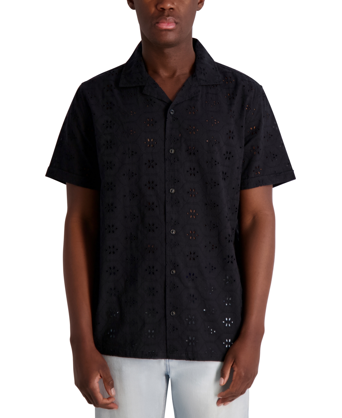 Men's Floral Eyelet Shirt - Black