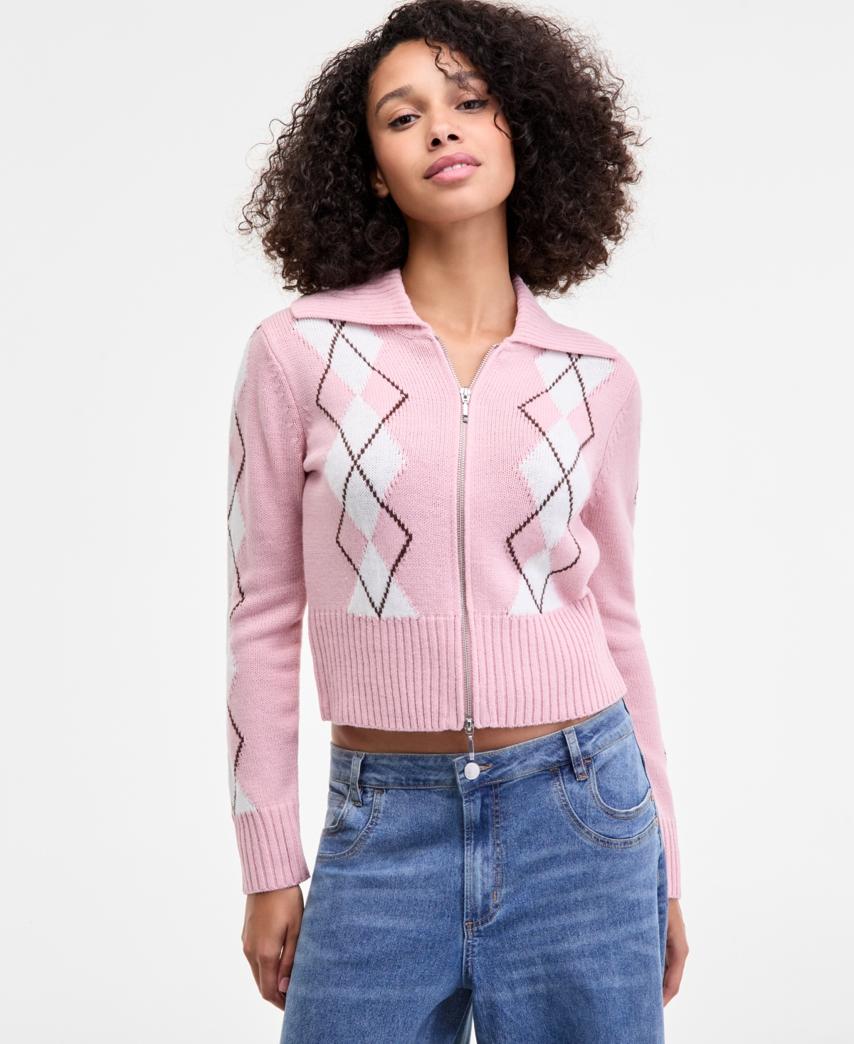 Juniors' Argyle Zip-Front Cardigan Sweater - Gardenia Taupe/Chocolate Argyle
