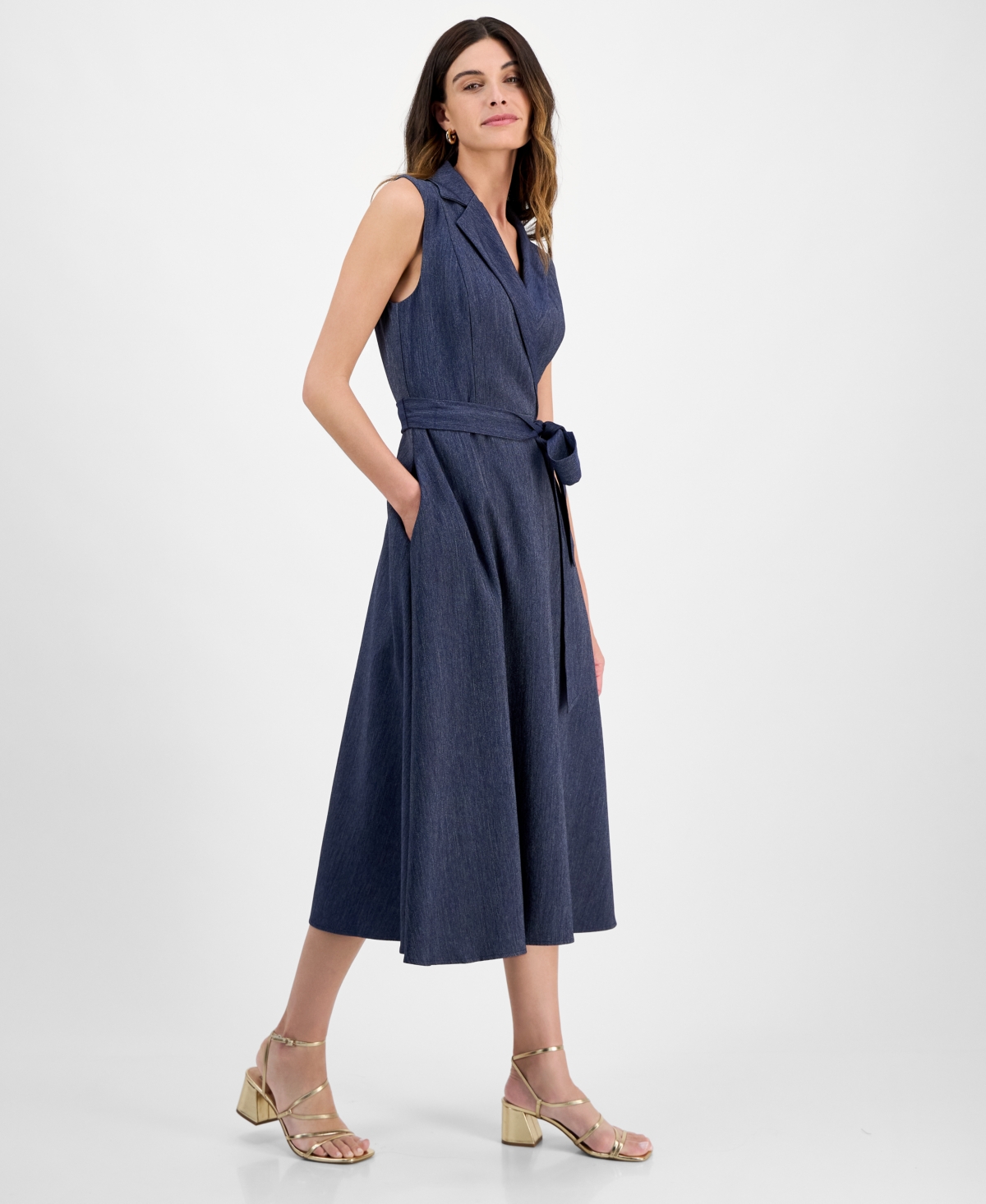 Julia Jordan Sleeveless Faux Wrap Midi Dress In Blue