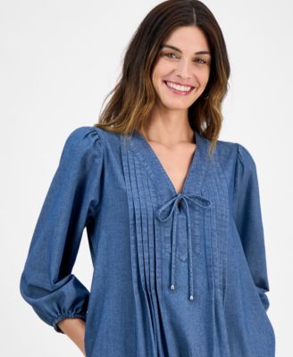 Women's Pleated-Front Tie-Neck Dress