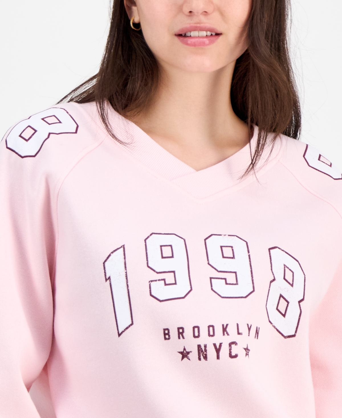 Planet Gold Juniors' Varsity Graphic Bubble-hem Sweatshirt In Pink