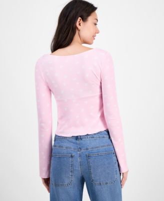 Self-Esteem Juniors' Printed V-Neck Rib Knit Long Sleeve