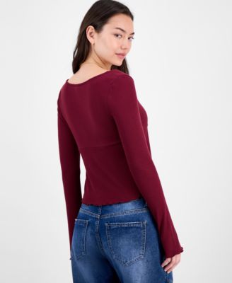Juniors' Solid V-Neck Rib Knit Long Sleeve
