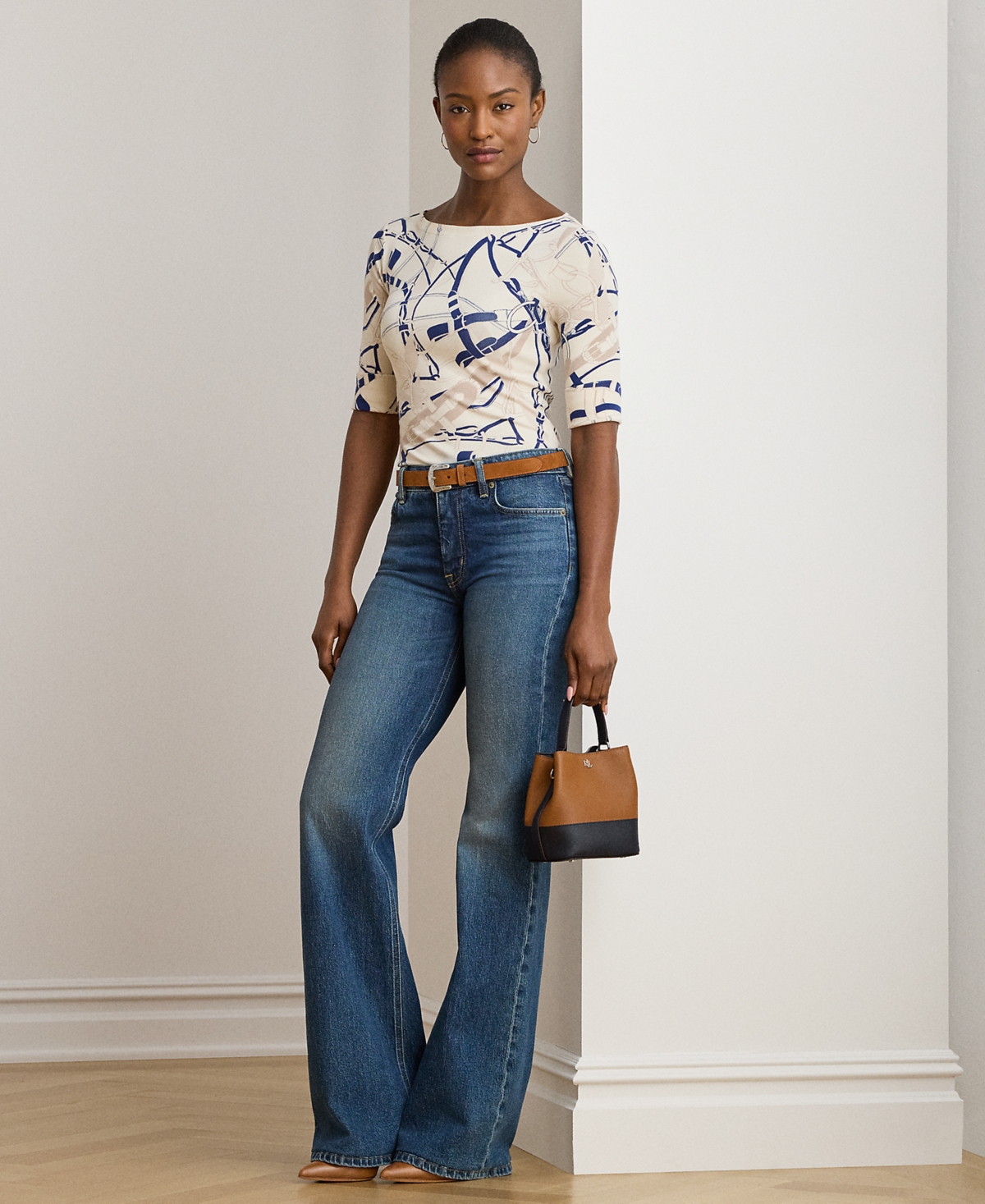Ralph Lauren Petite Belting-print Cotton Boatneck Tee In Multi