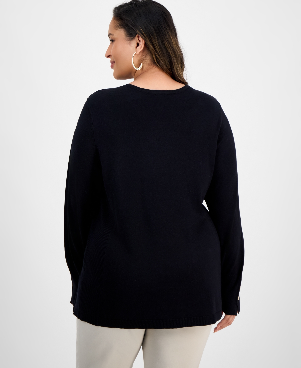 Jm Collection Plus Size Crewneck Long-sleeve Sweater, Macy's Exclusive In Black
