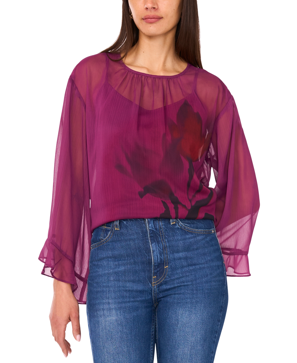 Vince Camuto Floral Flutter Bell Sleeve Top In Purple