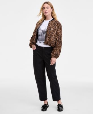 On 34th Women's Leopard Print Bubble-Hem Bomber Jacket