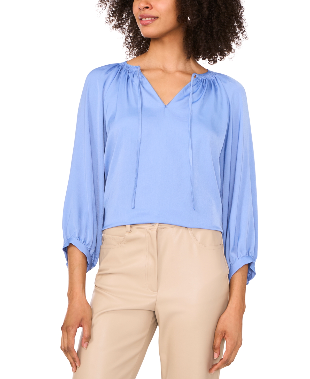 Women's Tie-Neck Peasant-Sleeve Blouse - French Blue