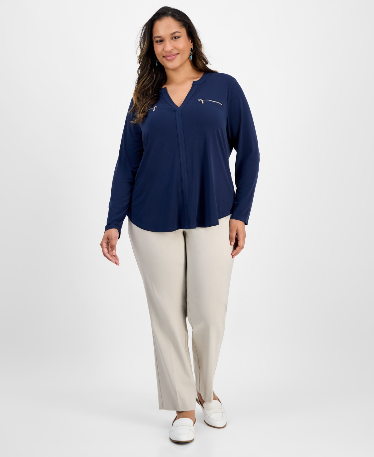 Jm Collection Plus Size Solid V-neck Long-sleeve Top, Macy's Exclusive In Blue