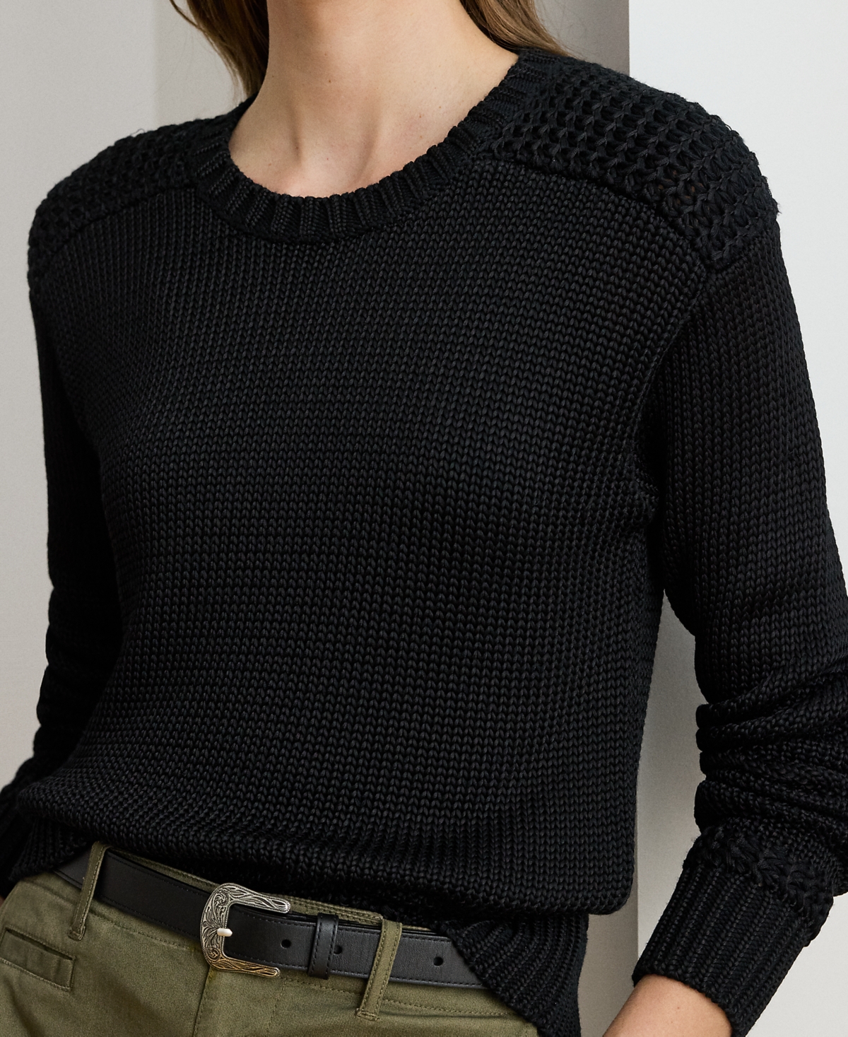 Ralph Lauren Petite Cotton-blend Crewneck Sweater In Black