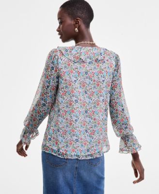 Women's Printed Ruffle Chiffon Blouse
