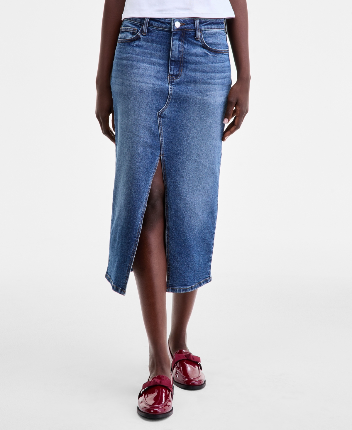 On 34th Womens Printed Blouse Denim Midi Skirt Jaqqy Small Crossbody Bag Mabel Buckled Mules Macys Exclusive In Blue
