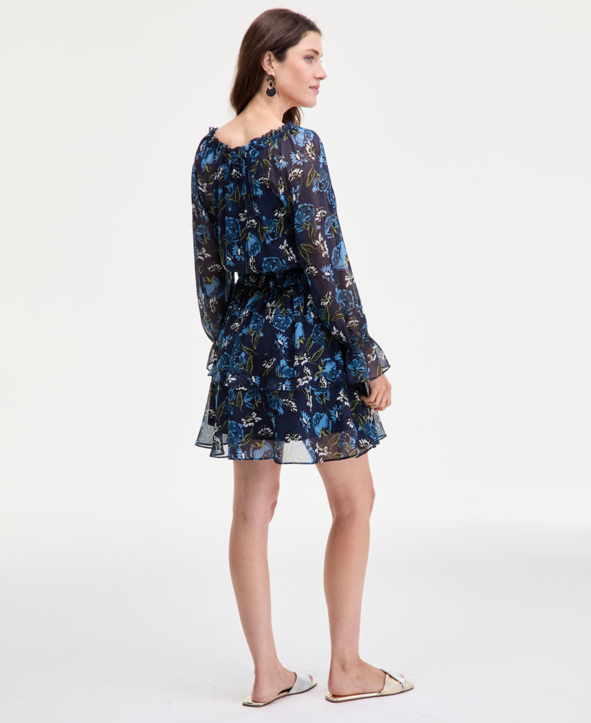 On 34th Women's Printed Smocked Ruffle Chiffon Mini Dress, Macy's Exclusive In Blue
