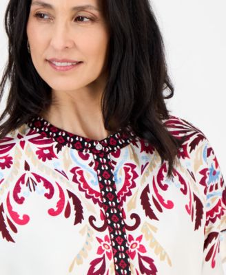 Women's Satin Printed Short-Sleeve Button Top, Exclusively at Macy's
