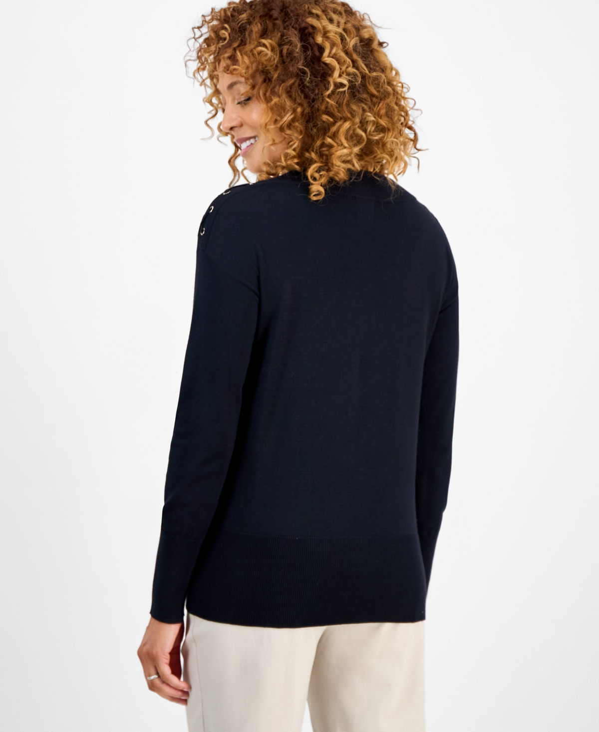 Jm Collection Petite Lace-up Shoulder V-neck Sweater, Macy's Exclusive In Black