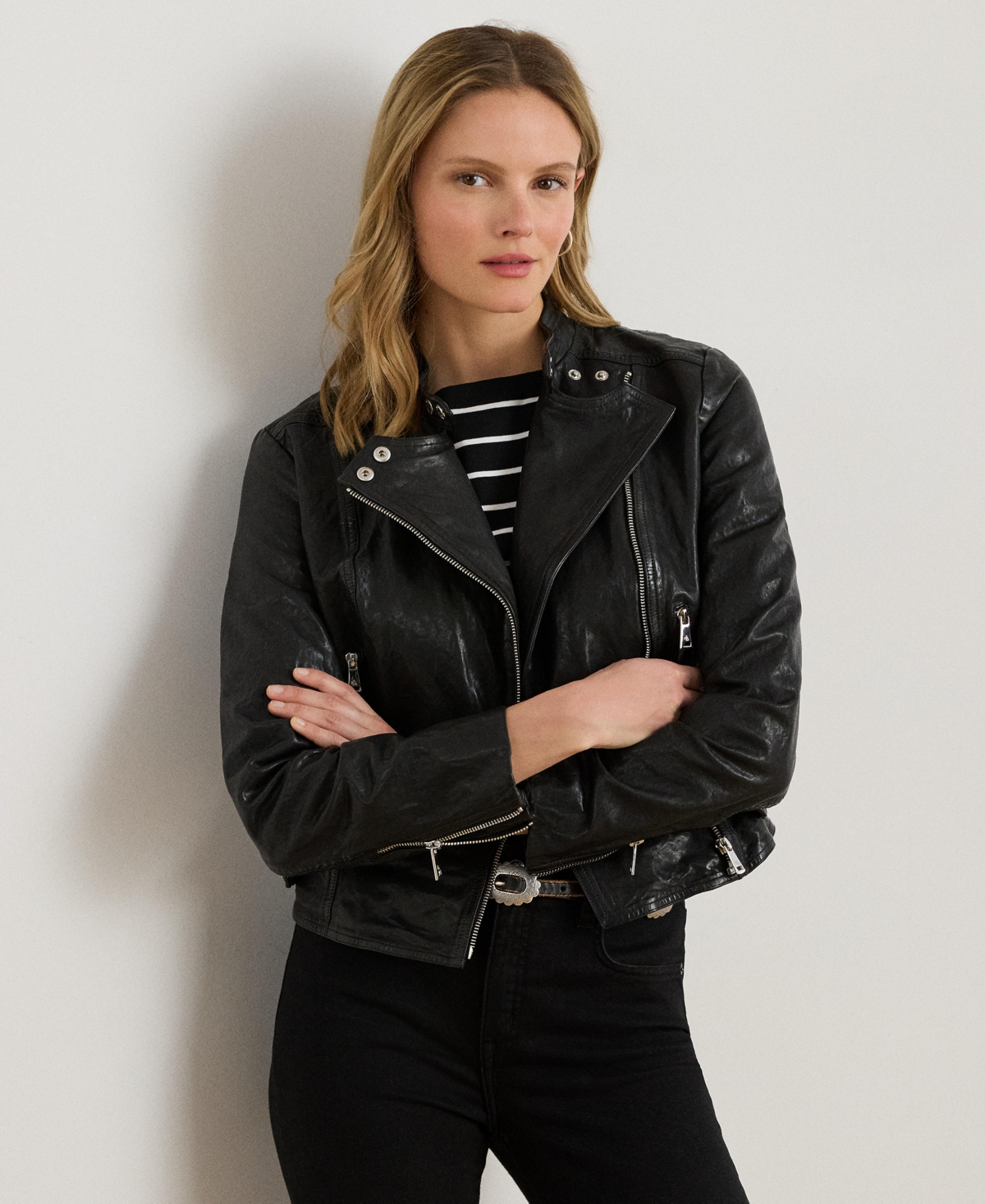 Women's Tumbled Leather Moto Jacket - Polo Black