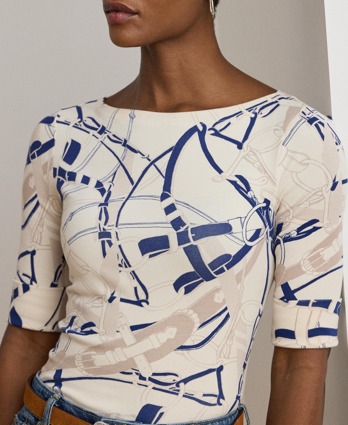 Ralph Lauren Womens Belting Print Cotton Boatneck Tee P Xs Xxl In Neutral