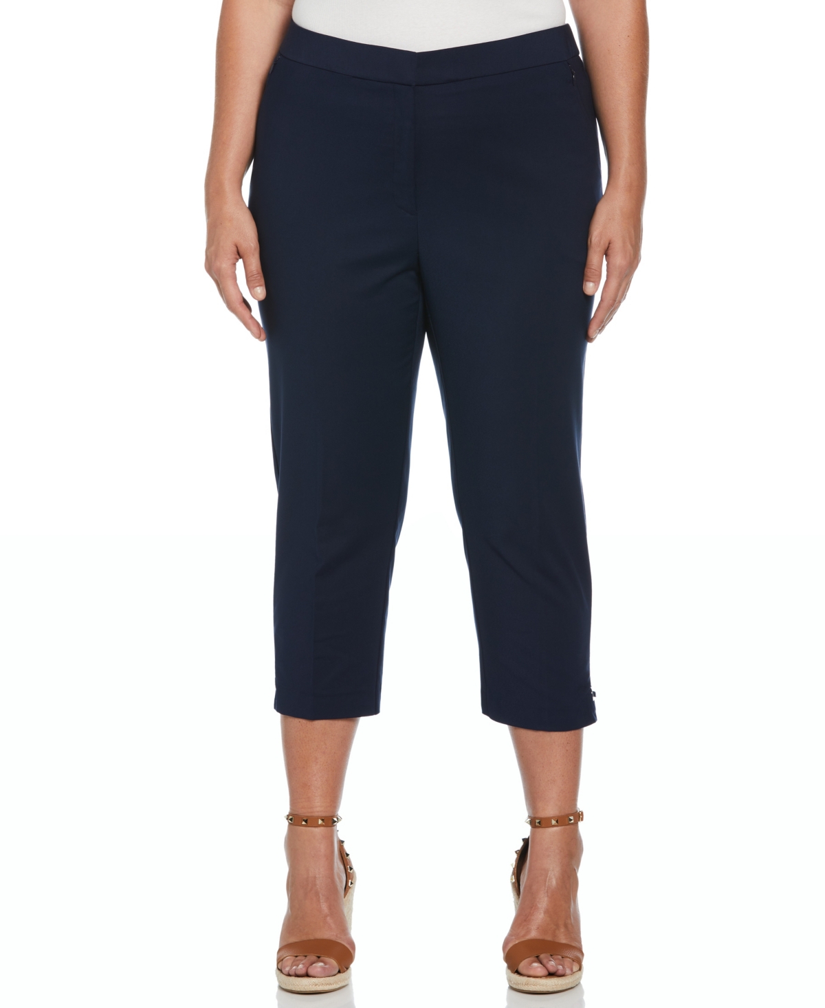 Plus Size Satin Mid Rise Twill Capri Pants with Slant Pocket - Navy