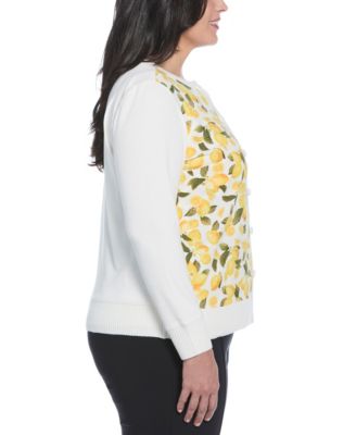 Plus Size Lemon Print Woven Front Long Sleeve Cardigan Sweater